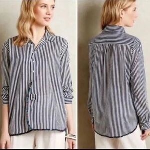 Anthropology Holding Horses tie front striped shirt Size Large Blue floral trim